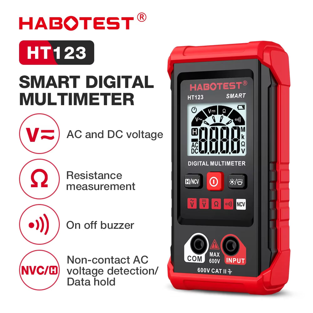 HT123 Smart Digital Multimeter AC/DC Voltage Resistance Continuity Measurement Tester NCV Multimeter with Backlight