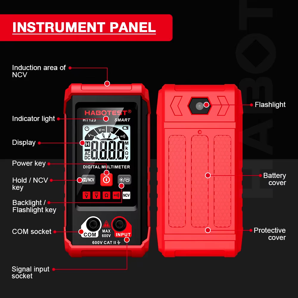 HT123 Smart Digital Multimeter AC/DC Voltage Resistance Continuity Measurement Tester NCV Multimeter with Backlight